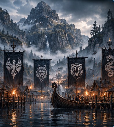 Eldrheim beneath the mountains, with the four banners of the Eagle, Wolf, Bear and Serpent clans